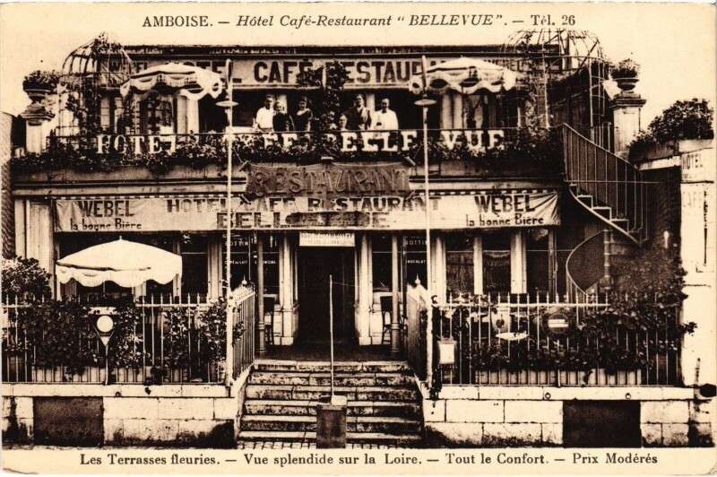 Carte postale ancienne Amboise Hotel Cafe Restaurant Bellevue à Amboise