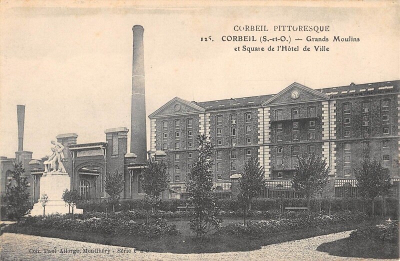 Carte postale ancienne Corbeil - Grands Moulins Et Square De L'Hotel De Ville à Corbeil-Essonnes