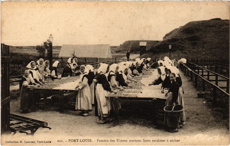 Carte postale ancienne Port-Louis femmes des Usines Sardines a secher à Port-Louis