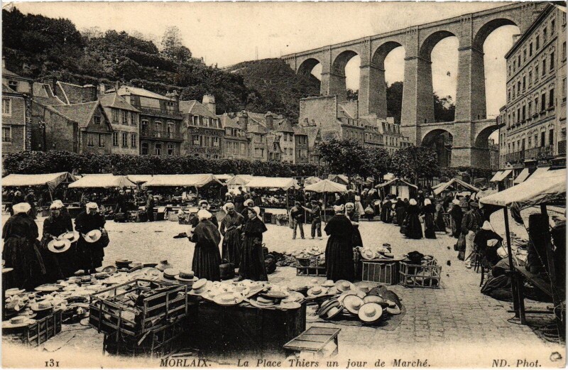 Carte postale ancienne Morlaix place thiers un jour de marché à Morlaix