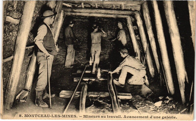 Carte postale ancienne Montceau-les-Mines mineurs au travail avancement galerie Mining à Montceau-les-Mines