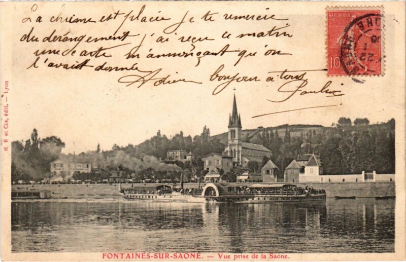 Carte postale ancienne Fontaines-sur-Saone - Vue prise de la Saone à Fontaines-sur-Saône