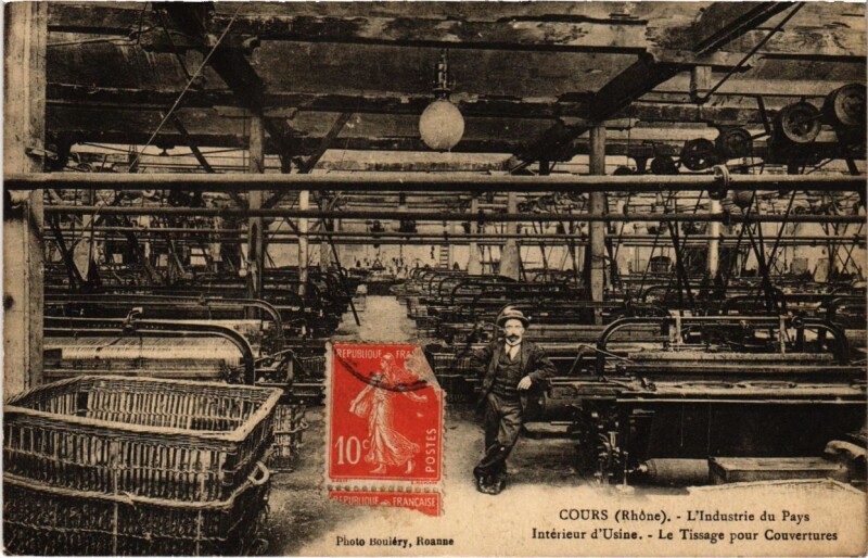 Carte postale ancienne Cours - L'Industrie du Pays - Interieur d'Usine - Le Tissage à Cours