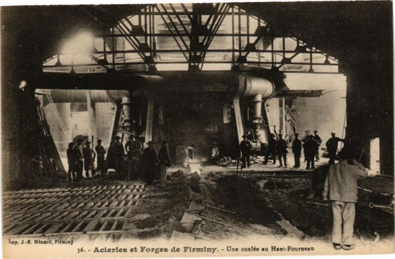 Carte postale ancienne Acieries et Forges de Firminy - Une coulée au Haut-Fourneau à Firminy