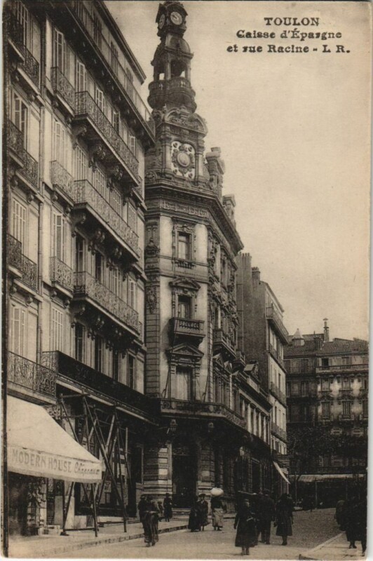 Carte postale ancienne Toulon Caisse d'Epargne et rue Racine France à Toulon