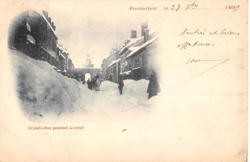 Carte postale ancienne Pontarlier - Grande Rue Pendant La Neige à Pontarlier