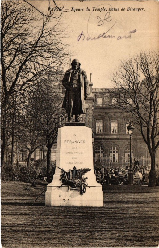Carte postale ancienne Paris 3e Paris-Square du Temple, statue de Béranger à Paris 3e