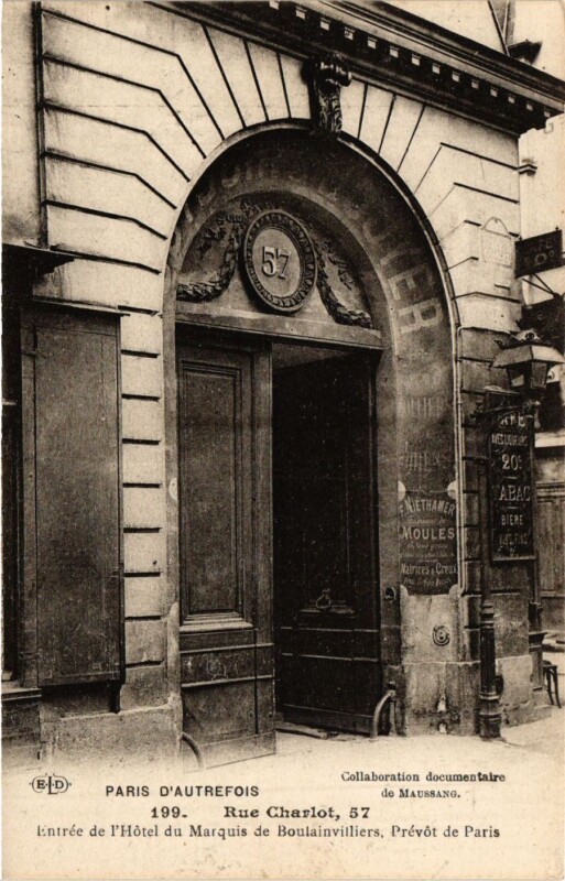 Carte postale ancienne Paris 3e Paris-Rue Charlot, Entrée de l'Hotel du Marquis à Paris 3e