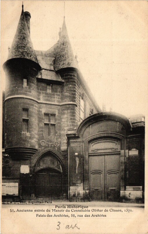 Carte postale ancienne Paris 3e Paris-Ancienne entrée du Manoir du Connétable Olivier à Paris 3e