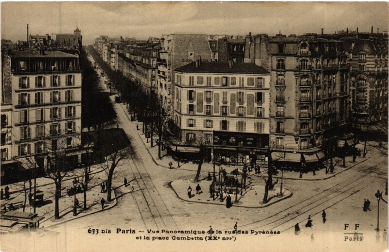 Carte postale ancienne Vue panoramique de la Rue des Pyrénées, de l'Avenue Gambetta et de la Place à Paris 20e