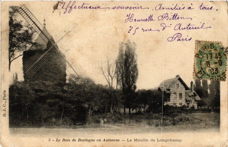 Carte postale ancienne Le Bois de Boulogne en Automne — Le Moulin de Longchamps à Paris 16e