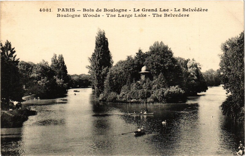 Carte postale ancienne Bois de Boulogne - Le Grand Lac - Le Belvédère à Paris 16e