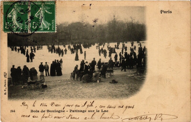 Carte postale ancienne Bois de Boulogne - Patinage sur le Lac à Paris
