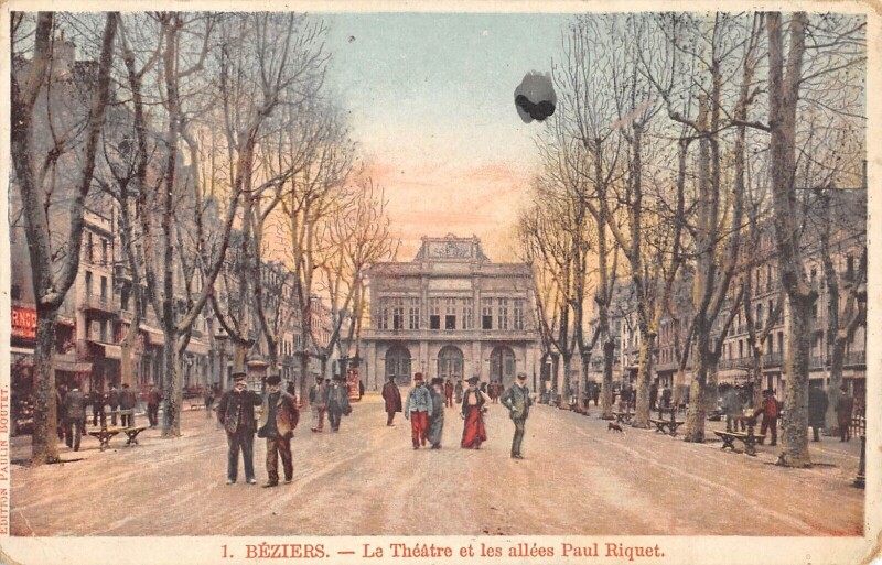 Carte postale ancienne Beziers - Theatre Et Allees Paul Riquet à Béziers