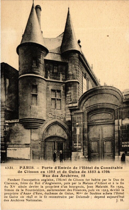 Carte postale ancienne Paris 3e Paris-Porte d'Entrée de l'Hotel du Connétable de Clisson à Paris 3e