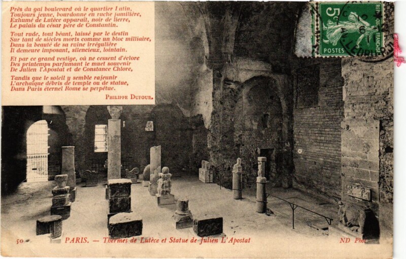 Carte postale ancienne Paris 5e-Thermes de Lutéce et Statue de Julien L'Apostat à Paris 5e