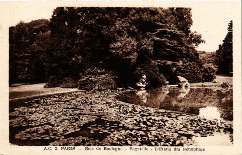 Carte postale ancienne Bois de Boulogne - Bagatelle - L'Etang des Nénuphars à Paris 16e