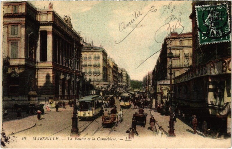 Carte postale ancienne Marseille La Bourse et la Cannebiere à Marseille