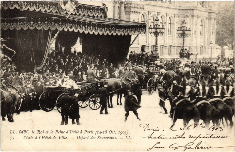 Carte postale ancienne 1903 Roi et reine d'Italie a Paris Hotel de Ville Royalty