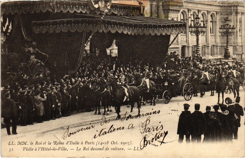 Carte postale ancienne 1903 Roi et reine d'Italie a Paris Hotel de Ville Royalty