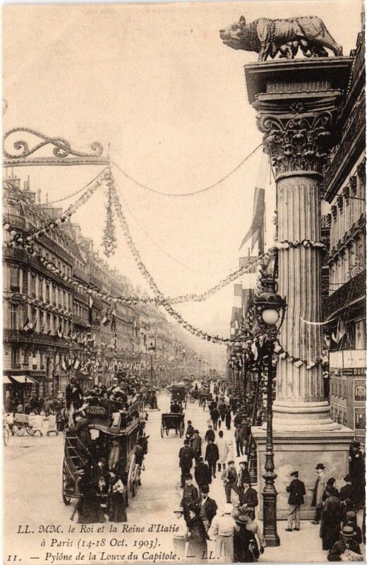 Carte postale ancienne 1903 Roi et reine d'Italie Paris Pylone Louve du Capitole Royalty