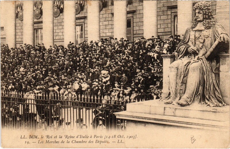 Carte postale ancienne 1903 Roi et reine d'Italie a Paris Chambre des deputes Royalty