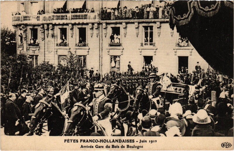 Carte postale ancienne Fêtes franco-hollandaises - Juin 1912 - Arrivée Gare du Bois de Boulogne à Paris 16e