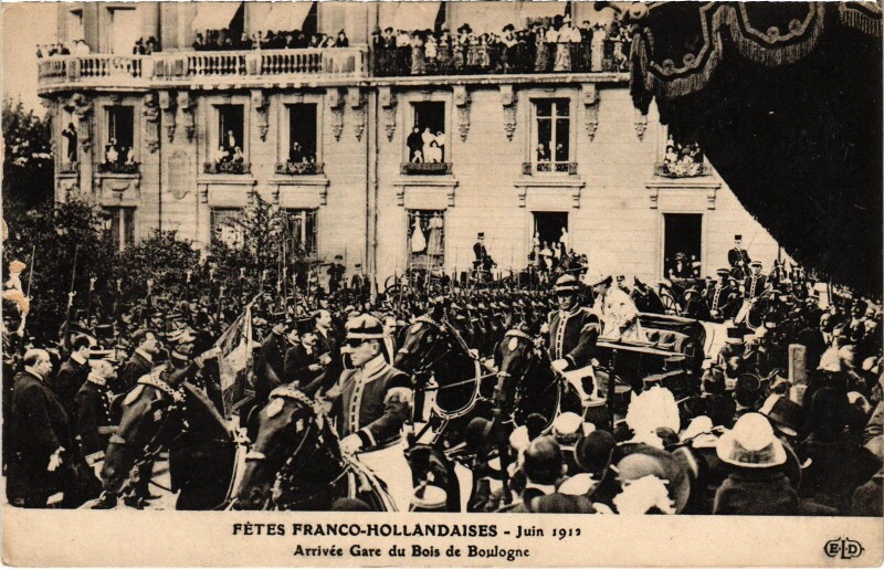 Carte postale ancienne Fêtes franco-hollandaises - Juin 1912 - Arrivée Gare du Bois de Boulogne à Paris 16e