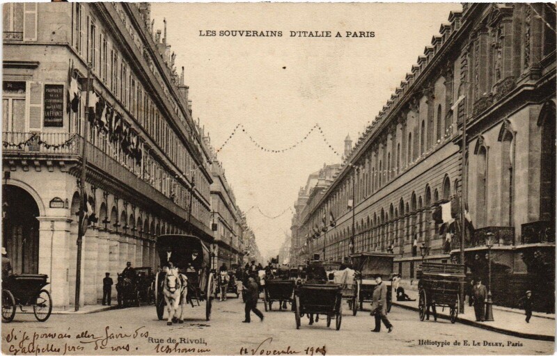Carte postale ancienne Les Souverains d'Italie a Paris Rue de Rivoli Royalty