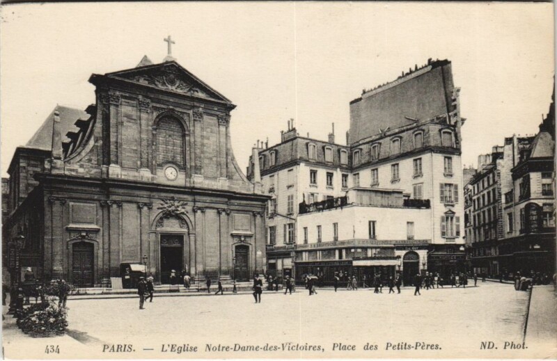Carte postale ancienne Paris 2e Eglise Notre-Dame des Victoires Place des petits-Peres à Paris 2e