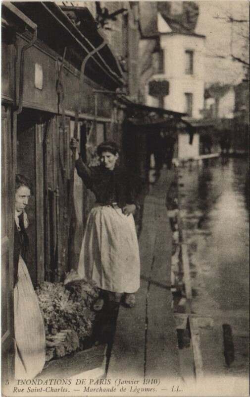 Carte postale ancienne Inondations de Paris (Janvier 1910) - Rue Saint-Charles - Marchande de Légumes à Paris 15e