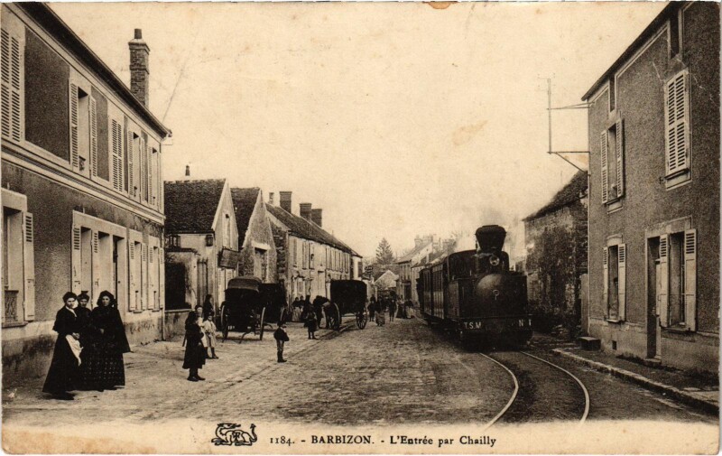 Carte postale ancienne Barbizon entrée par Chailly Tram Vapeur à Barbizon