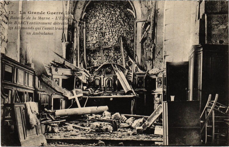 Carte postale ancienne Militaire - L'Eglise de Barcy entierement detruite à Barcy