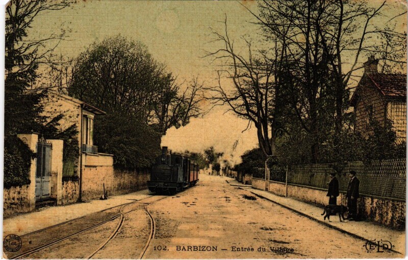 Carte postale ancienne Barbizon Entrée du Village Tram Vapeur à Barbizon