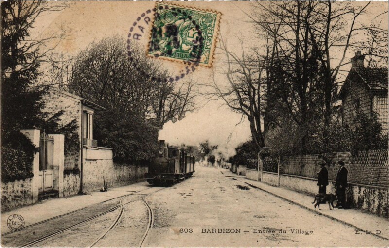 Carte postale ancienne Barbizon Entrée du village Tram Vapeur à Barbizon