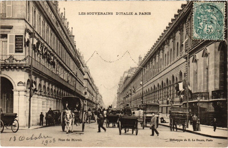 Carte postale ancienne Les Souverains d'Italie a Paris Rue de Rivoli Royalty