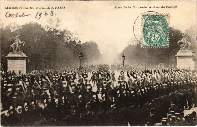 Carte postale ancienne Les Souverains d'Italie a Paris Pont d'Arcole Royalty