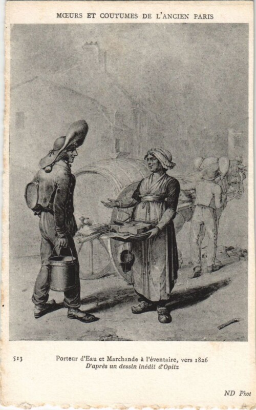 Carte postale ancienne Vieux Paris Moeurs et Coutumes Porteur d'eau Marchande l'eventaire