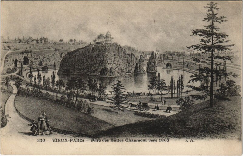 Carte postale ancienne Parc des Buttes Chaumont vers 1867 à Paris 19e
