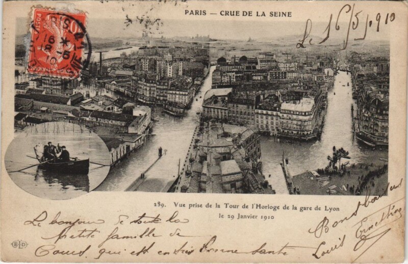 Carte postale ancienne Crue de la Seine - Vue prise de la Tour de l'Horloge de la gare de Lyon - le 29 Janvier 1910 à Paris 12e