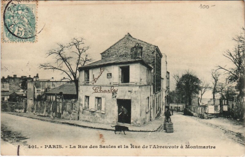Carte postale ancienne La Rue des Saules et la Rue de l'Abreuvoir à Montmartre à Paris 18e