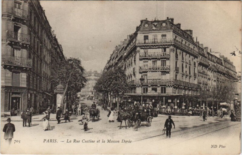 Carte postale ancienne La Rue Custine et la Maison Dorée à Paris 18e