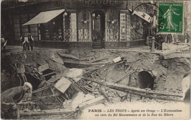 Carte postale ancienne Paris Orage du Juin 1914 Bd Haussmann Rue du Havre