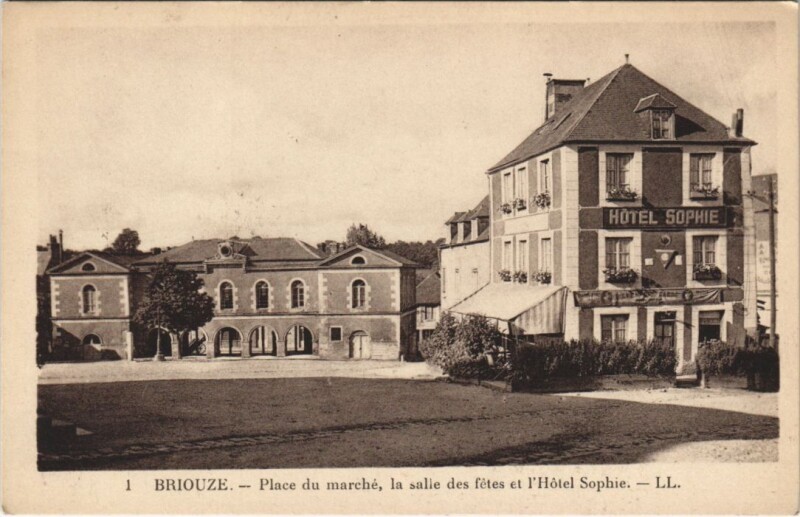 Carte postale ancienne Briouze-Place du Marché la salle des fétes et l'Hótel Sophie à Briouze