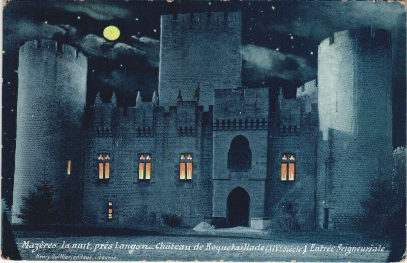 Carte postale ancienne Mazeres la nuit pres Langon-Chateau de Roquetaillade à Langon