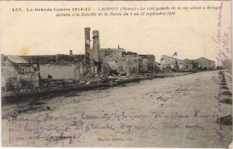 Carte postale ancienne La Grande Guerre 1914 15 Laimont Le cole gauche de la ruc al à Laimont