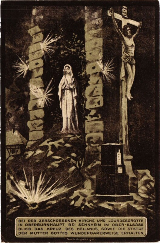 Carte postale ancienne B. der Zerschossenen Kirche und Lourdesgrotte in Oberburnhaupt