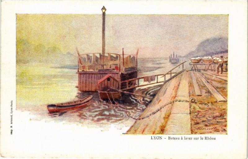 Carte postale ancienne Lyon - Bateau a laver sur le Rhone à Lyon