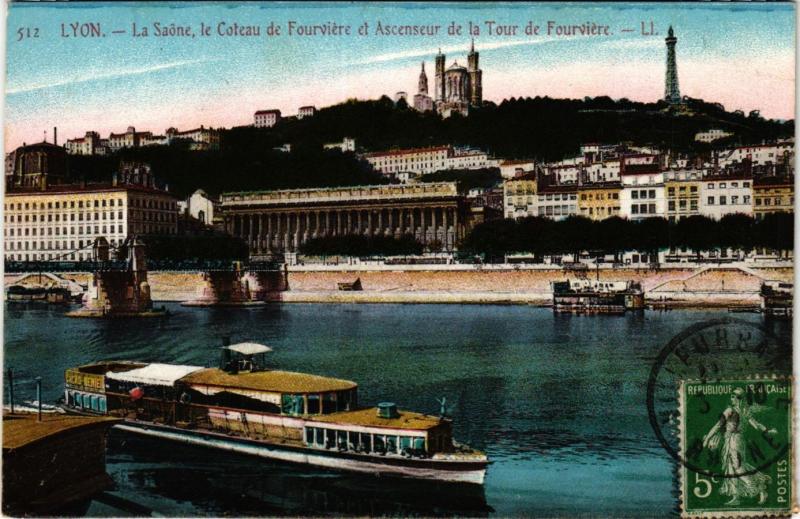 Carte postale ancienne Lyon - LaSAONE le Coteau de Fourviere et Ascenseur de la Tour de F à Lyon
