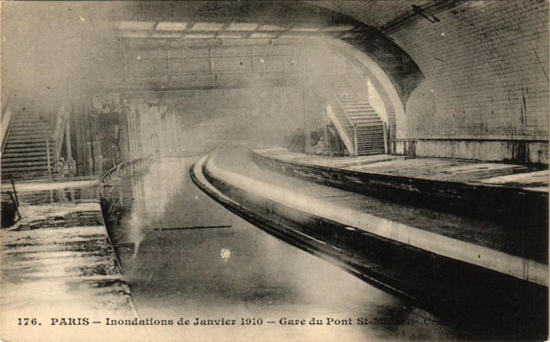 Carte postale ancienne Paris 5e-Inondation-Gare du Pont Saint-Michel à Paris 5e